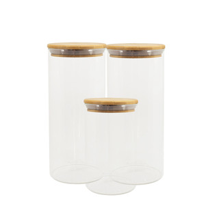 Conjunto 3 Potes Vidro Herméticos C/ Tampa de Bambu - Oikos