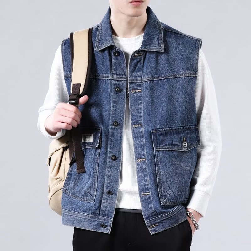 Americano Retro lavado Denim colete masculino primavera outono solto Casual rufião bonito resistente ao desgaste angusti
