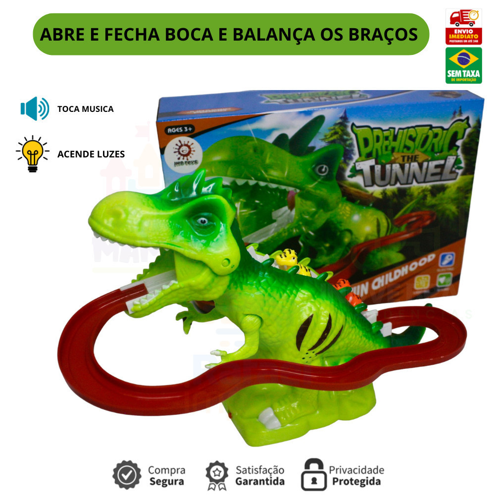 Brinqueddo Pista Elevador Com Som E Luz Dinossauro Prehistoric Tunnel Cor Verde E Marrom