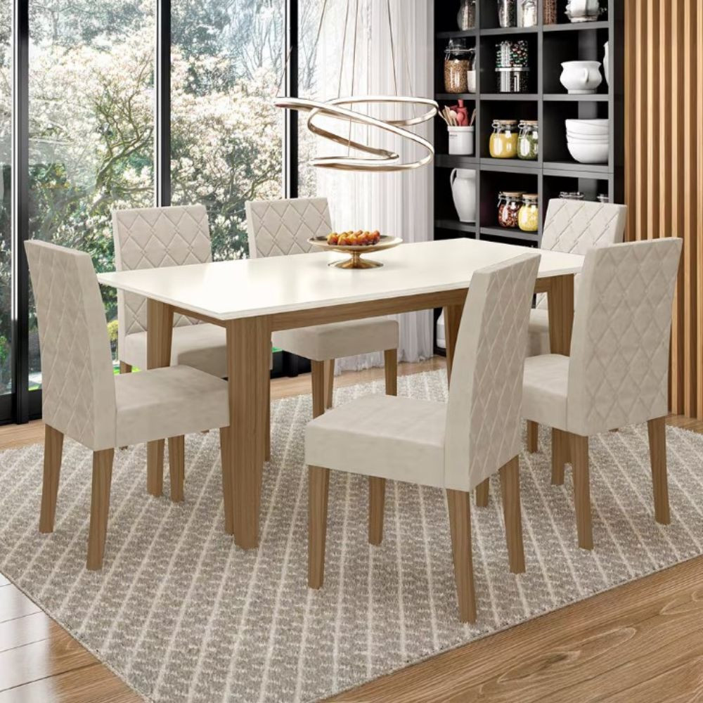 Mesa de Jantar Retangular Liz com 6 Cadeiras Estofadas e Revestidas em Suede Poliman