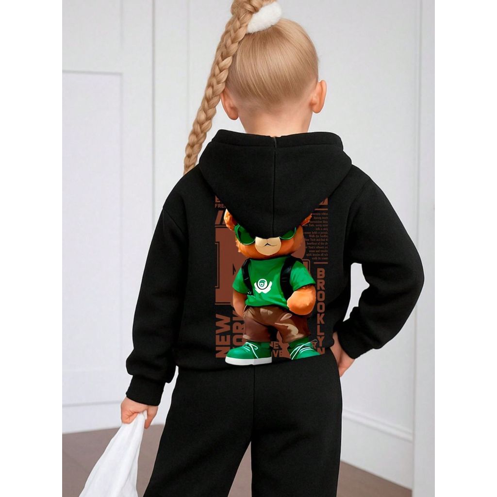 Conjunto 100% Algodão  Moletom Infantil Estampado Ursinho Cartoon Blusa de Frio Canguru + Calça Blusao Algodão