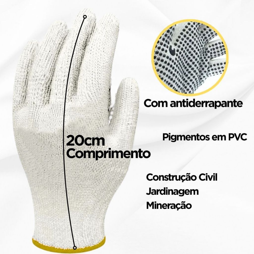 Kit Luva de Malha 4 Fios Pigmentada Antiderrapante Reforçada Pedreiro Obra EPI Segurança Atacado - Vários Tamanhos de Ki