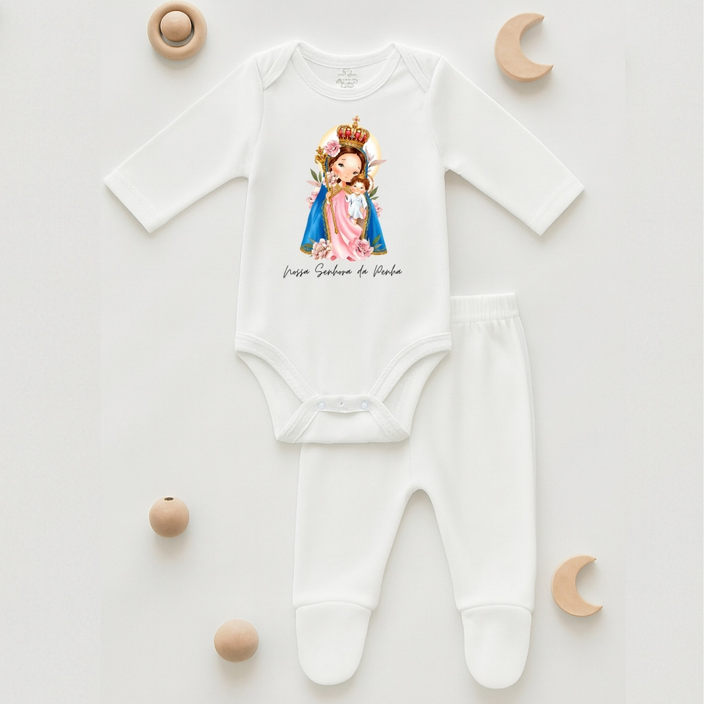 Kit Body Bebê Santinhos Mijão Pezinho Manga Longa Infantil Religioso Macacão Nossa Senhora da Penha Aparecisa Santa Rita em Oferta na Shopee