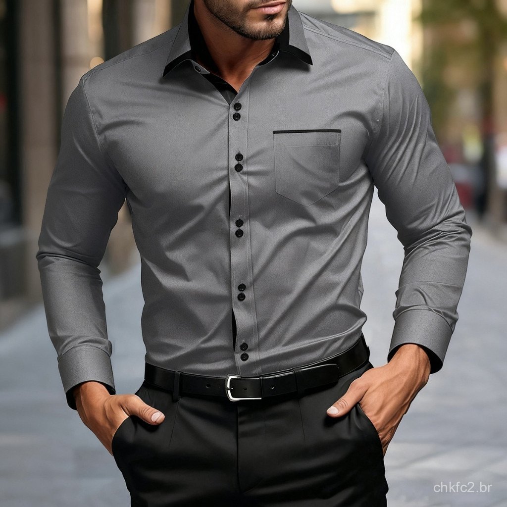 Camisa Casual Masculina Social Slim Fit de Manga Longa com Coloridos em Contraste — imagem 2 de 2