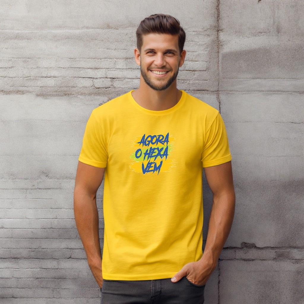 Camiseta Masculina Estampada Brasil Copa do Mundo Futebol Agora o Hexa Vem 100% Algodão