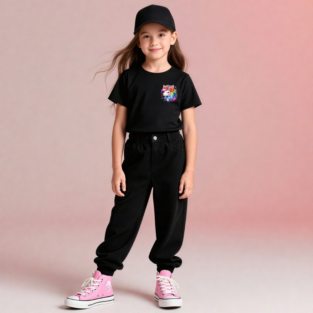Camiseta Infantil Blusinha Manga Curta Estampada Emblema Unicórnio Colorido 100% Algodão Camisa Infantil Feminina