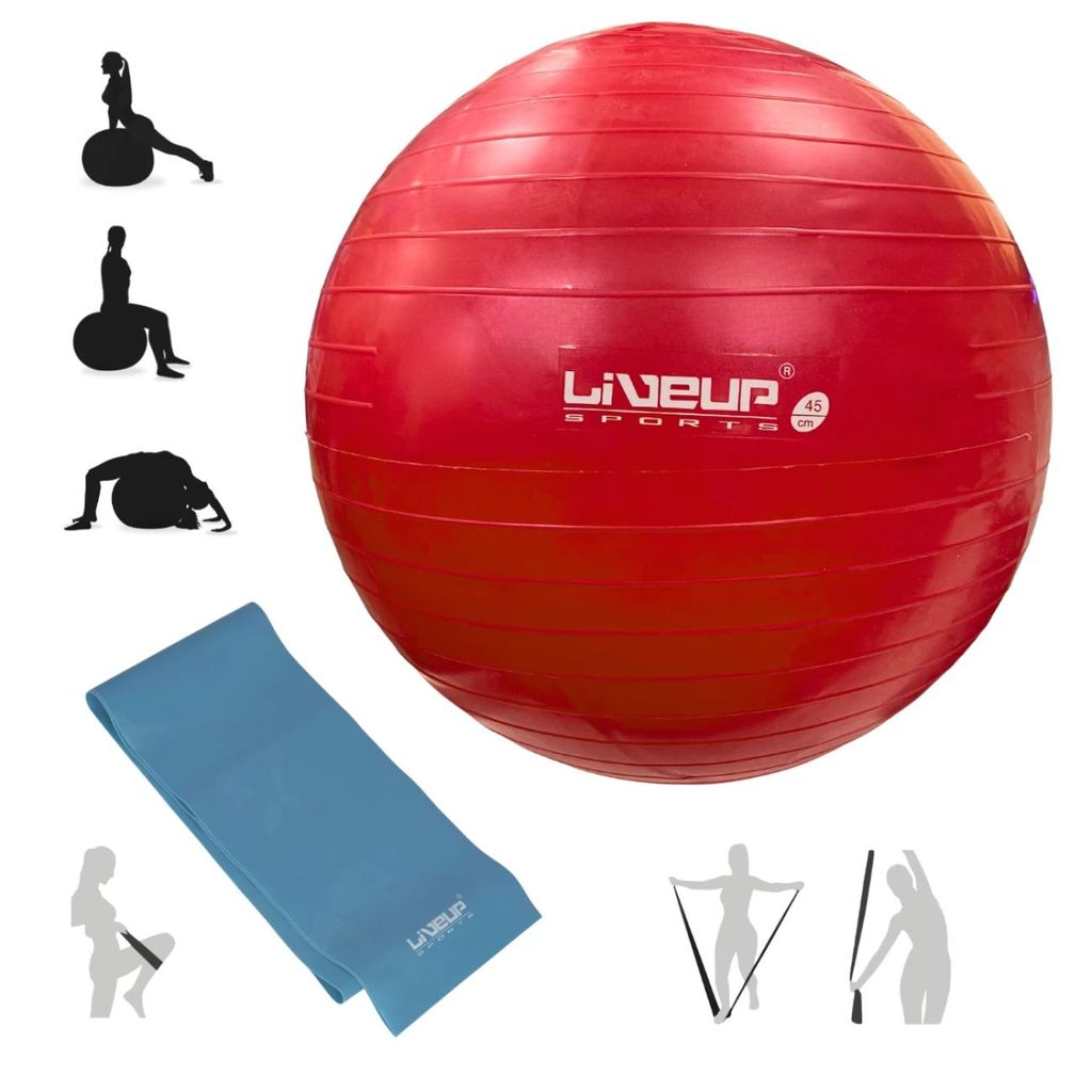 Kit Bola Suíça 45 Cm Pilates Yoga Treino Funcional Alongamento + Faixa Elástica Tensão Forte Azul