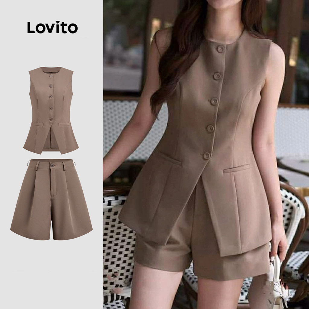 Lovito Abotoada Plissada Primavera/verão Blusa Marrom Tops ou Bottoms para Mulheres. L172LD321 em Oferta na Shopee
