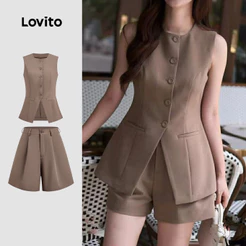 Lovito Elegante Abotoada Plissada Primavera/verão Sem Manga Blusa Marrom Tops ou Bottoms para Mulheres L172LD321