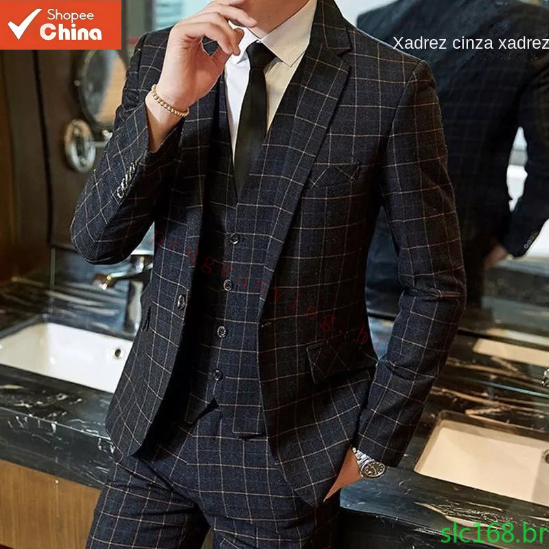 Jaqueta Xadrez Versão Coreana para Homens, Slim-Fit, Casual, para Negócios, Melhor Traje de Casamento PDQZ