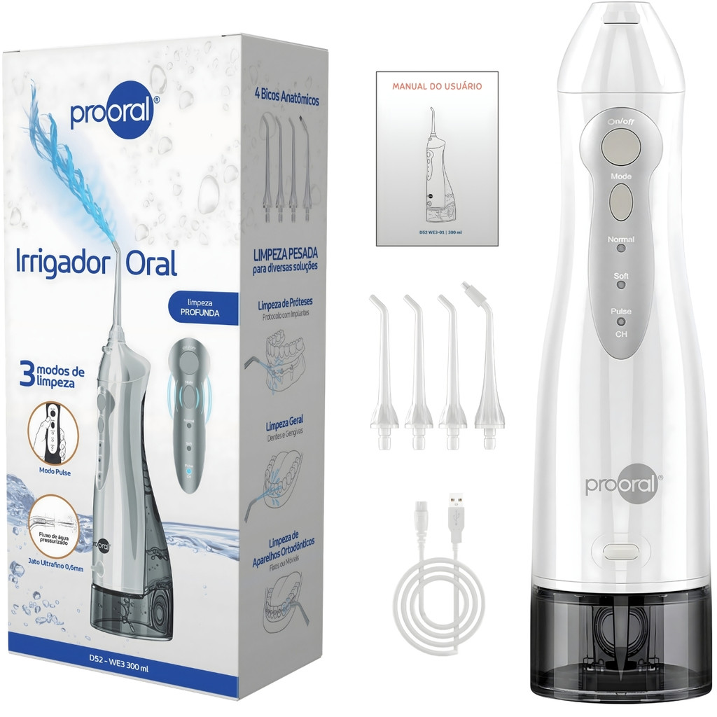 Irrigador Oral Portátil Prooral D52 300ml Recarregável USB | Jato de Água 3 Modos + 4 Bicos