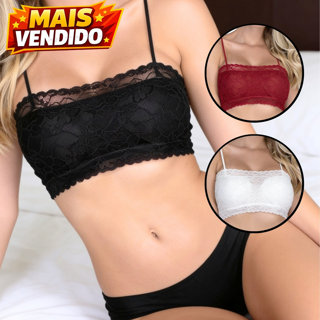 Kit 2 Cropped Top Faixa Renda Alça Fina Sem Bojo Rendado Feminino Tomara que Caia Lingerie Promoção
