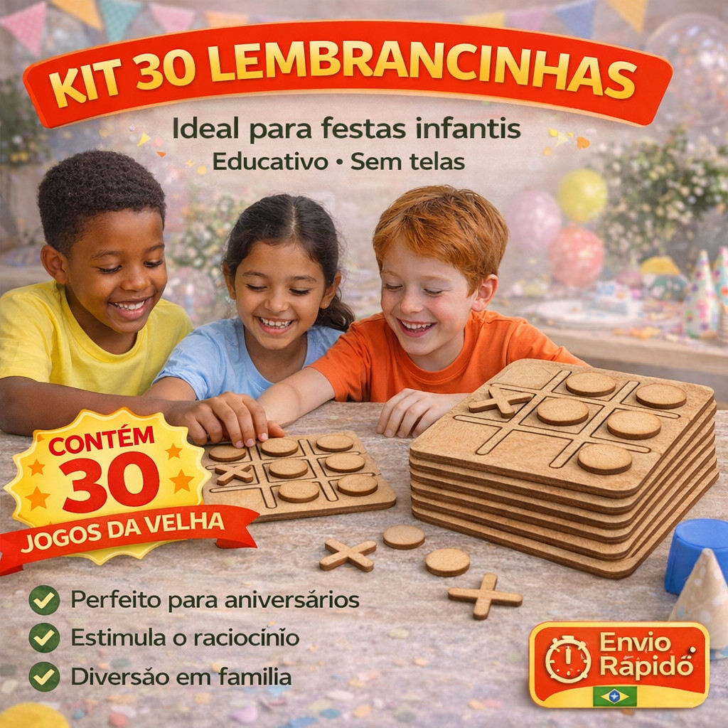 Kit 30 Jogo da Velha MDF Lembrancinha Festa Infantil Aniversário Escolar Educativo Tabuleiro Brinquedo Presente Jogo