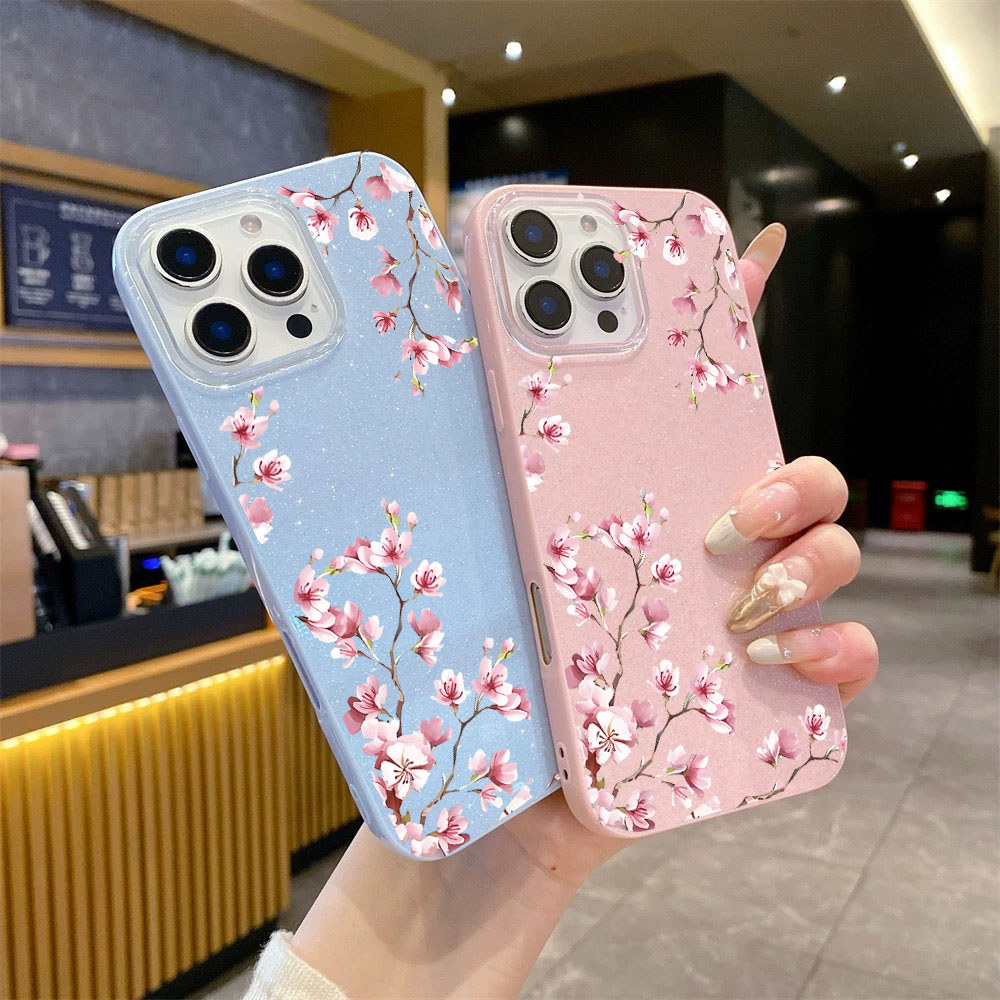 Capa Para Samsung S26 Ultra S25 S24 Plus S23 FE S22 S21 S20 A17 A07 A06 A15 A16 A56 A36 Glitter Rosa Flor De Telefone Xi
