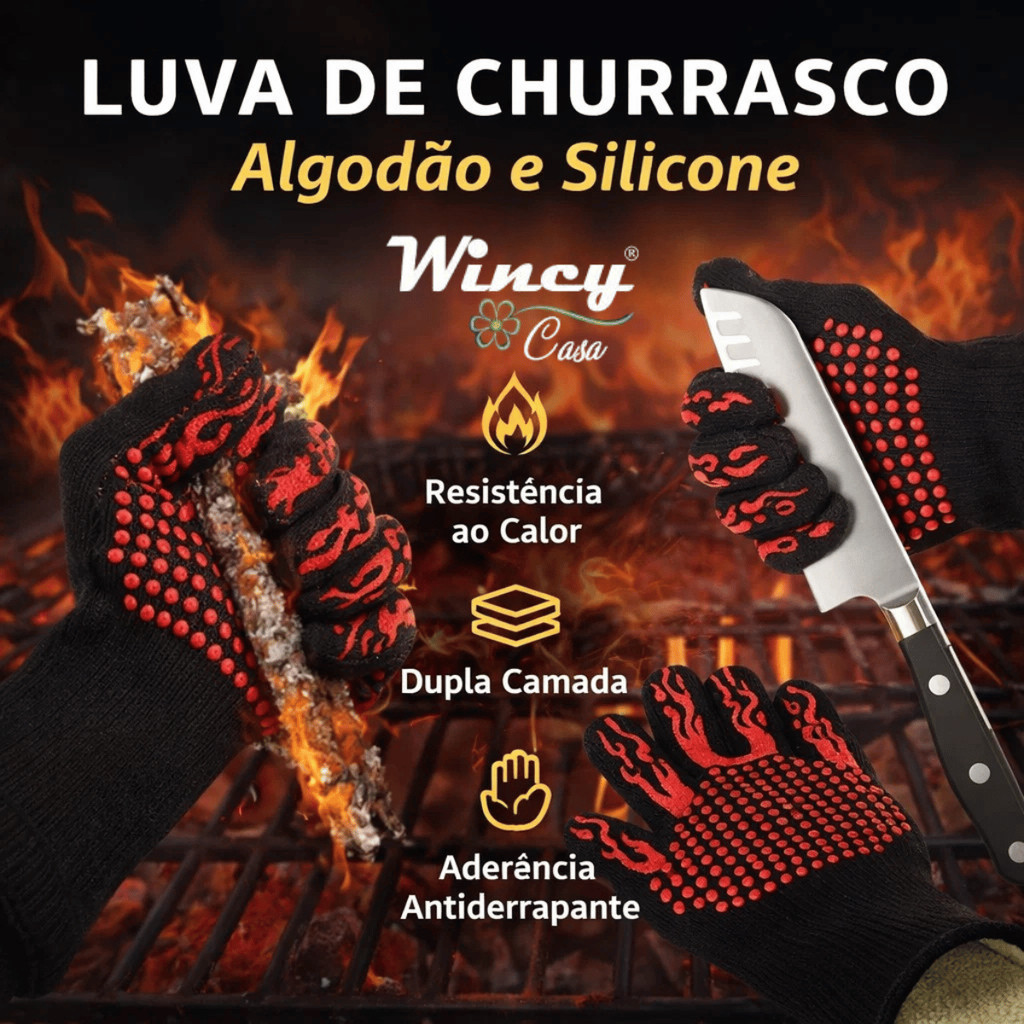 Luva Churrasco Algodão com Silicone Anticalor - Wincy Casa / Cozinha Forno Grill BBQ Utensílio