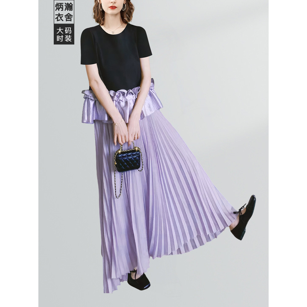 Tamanho grande moda Chiffon roxo saia preta camisa de manga curta terno feminino 2026 verão Casual Commuter terno de dua