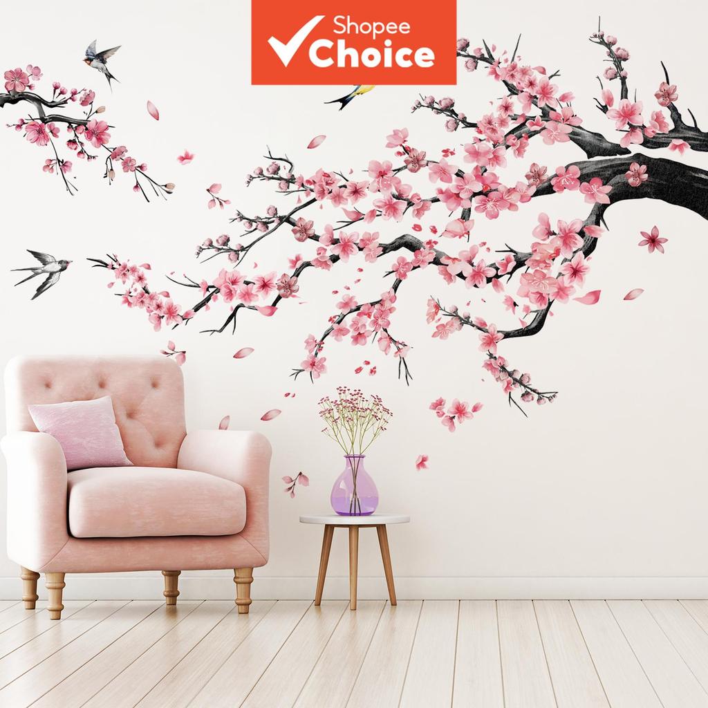 Auto-Adesivo Flor De Pêssego Ramo Andorinha Adesivos De Parede 2D Plana Chinês Primavera Ins Estilo Decoração Para Casa