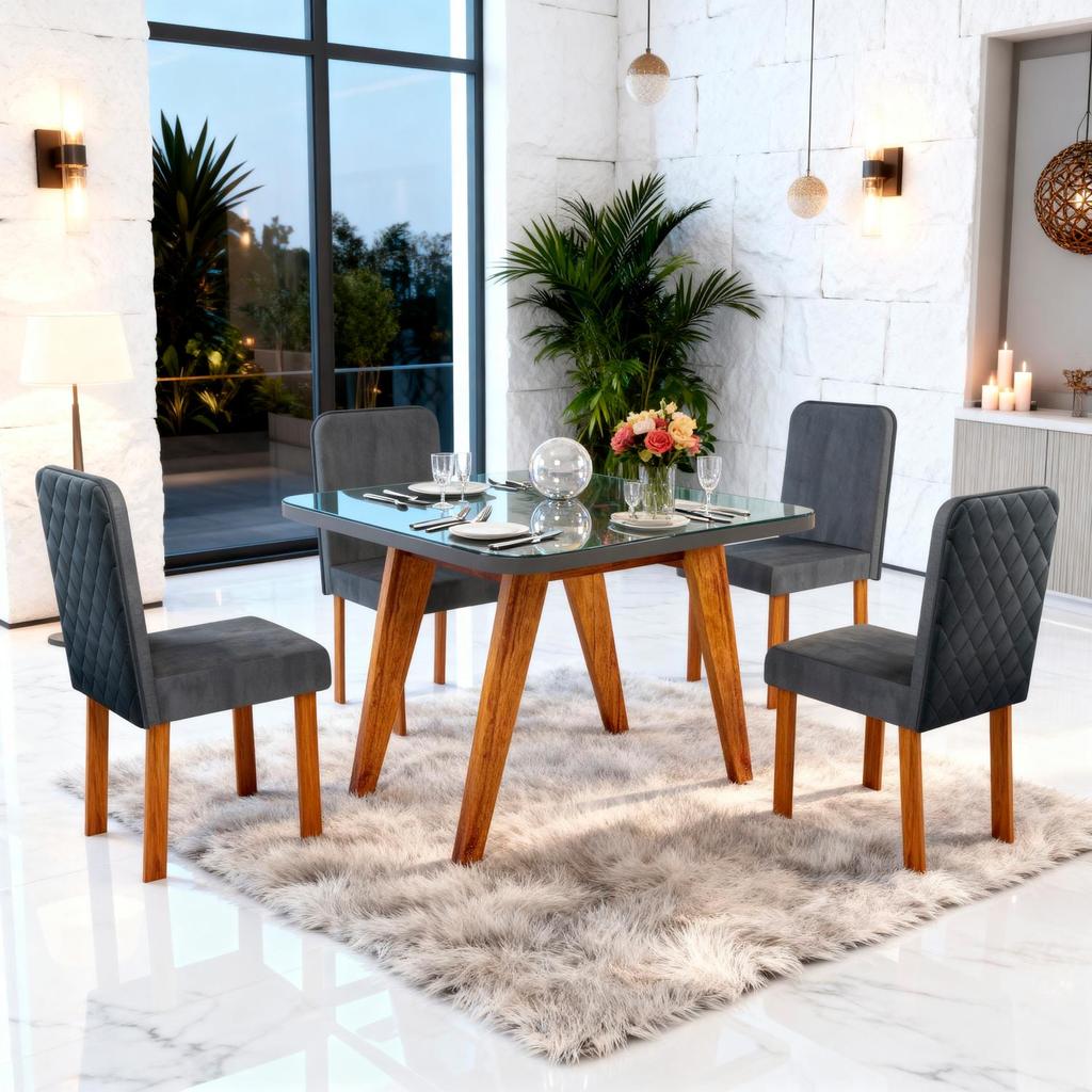Sala de Jantar 90x90 Mavie Vidro Grafite 4 cad Bom Pastor