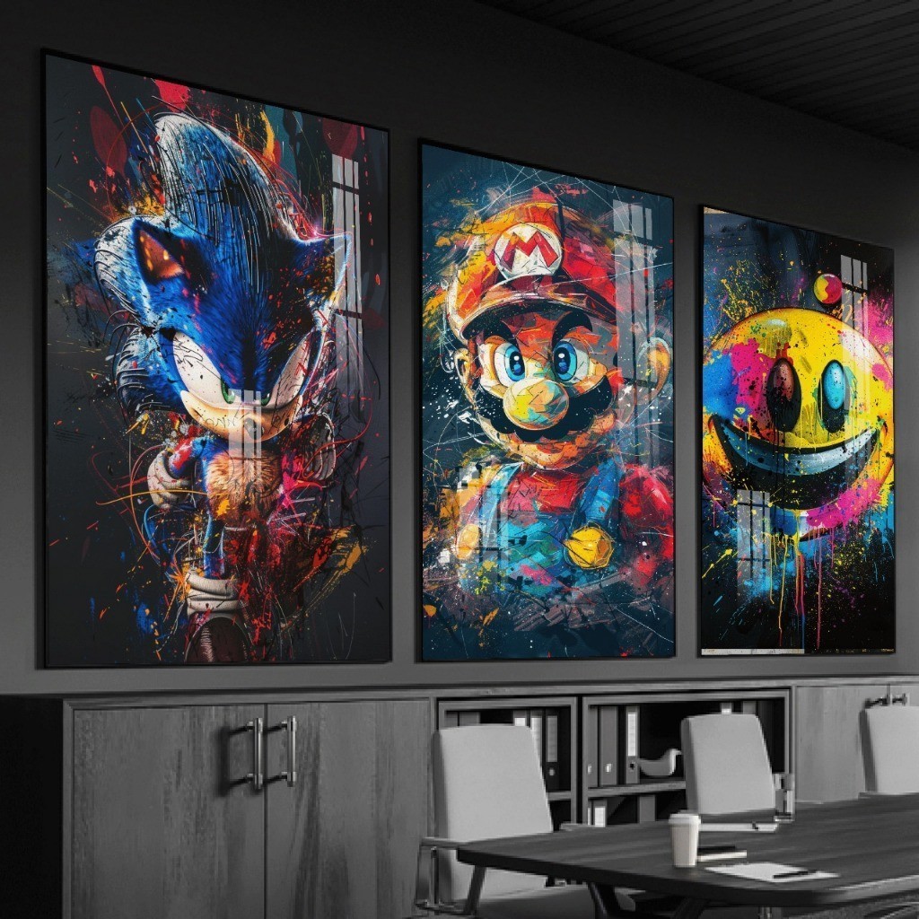 Kit trio quadros decorativos geek jogos Super Mario Bross Sonic Pac Man video game decoração gamer