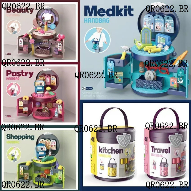 Simulação crianças jogar casa médico utensílios de mesa vestir supermercado jogar casa Diagonal portátil balde de armaze