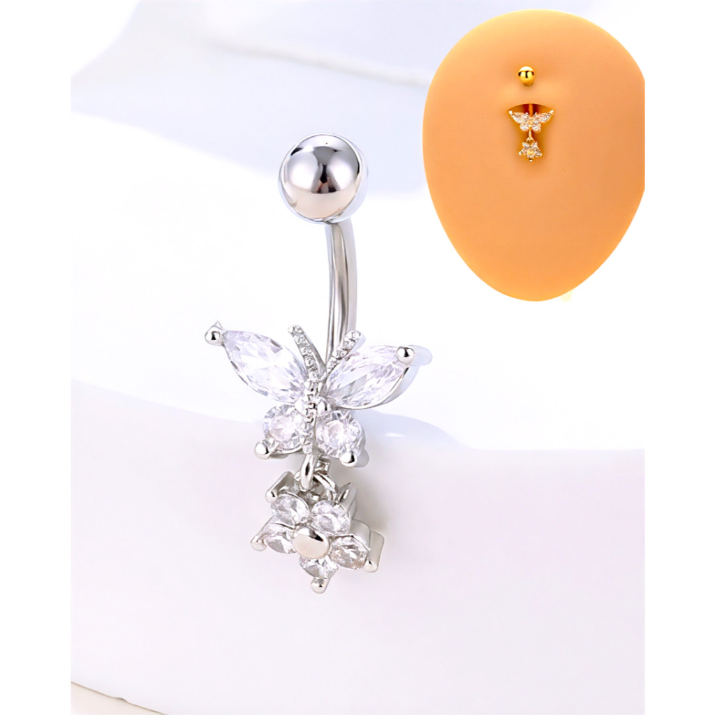 Kit Piercing de Umbigo Borboleta Moda com Pingente de Pétala de Flor de Zircônia e Aço Inoxidável