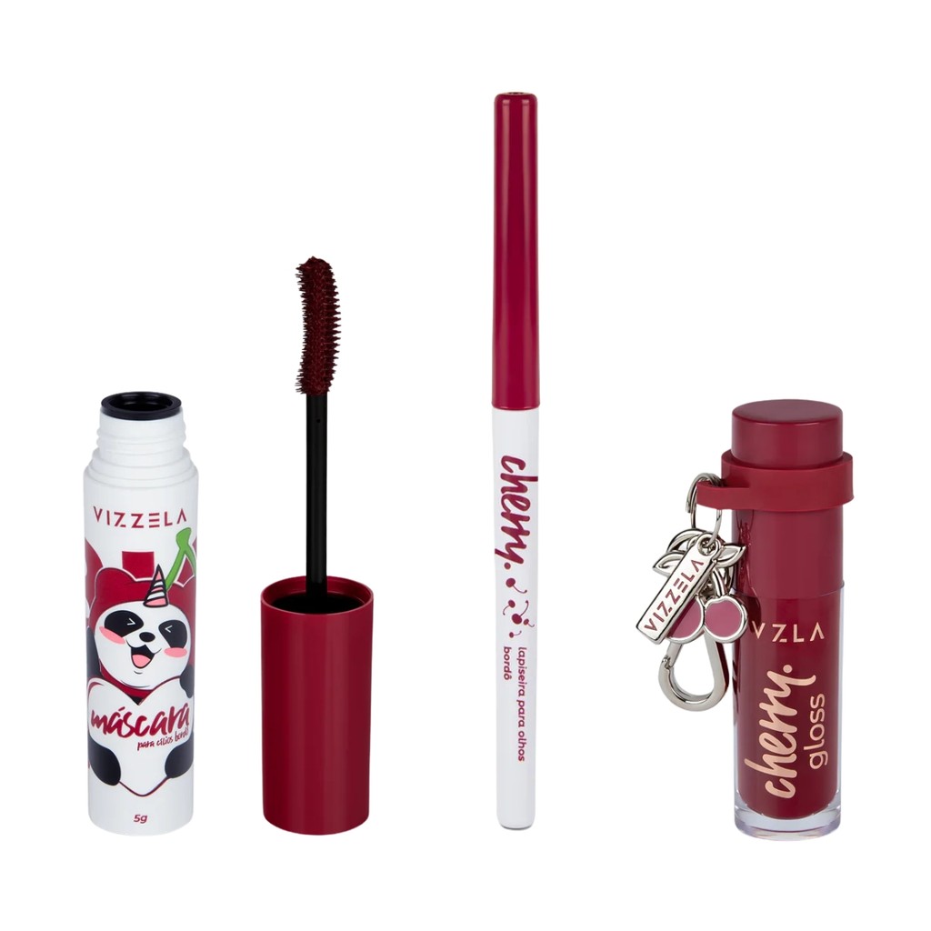 Kit Gloss Cherry + Lapiseira Cherry + Big No Panda Cherry Original Vegano Vizzela