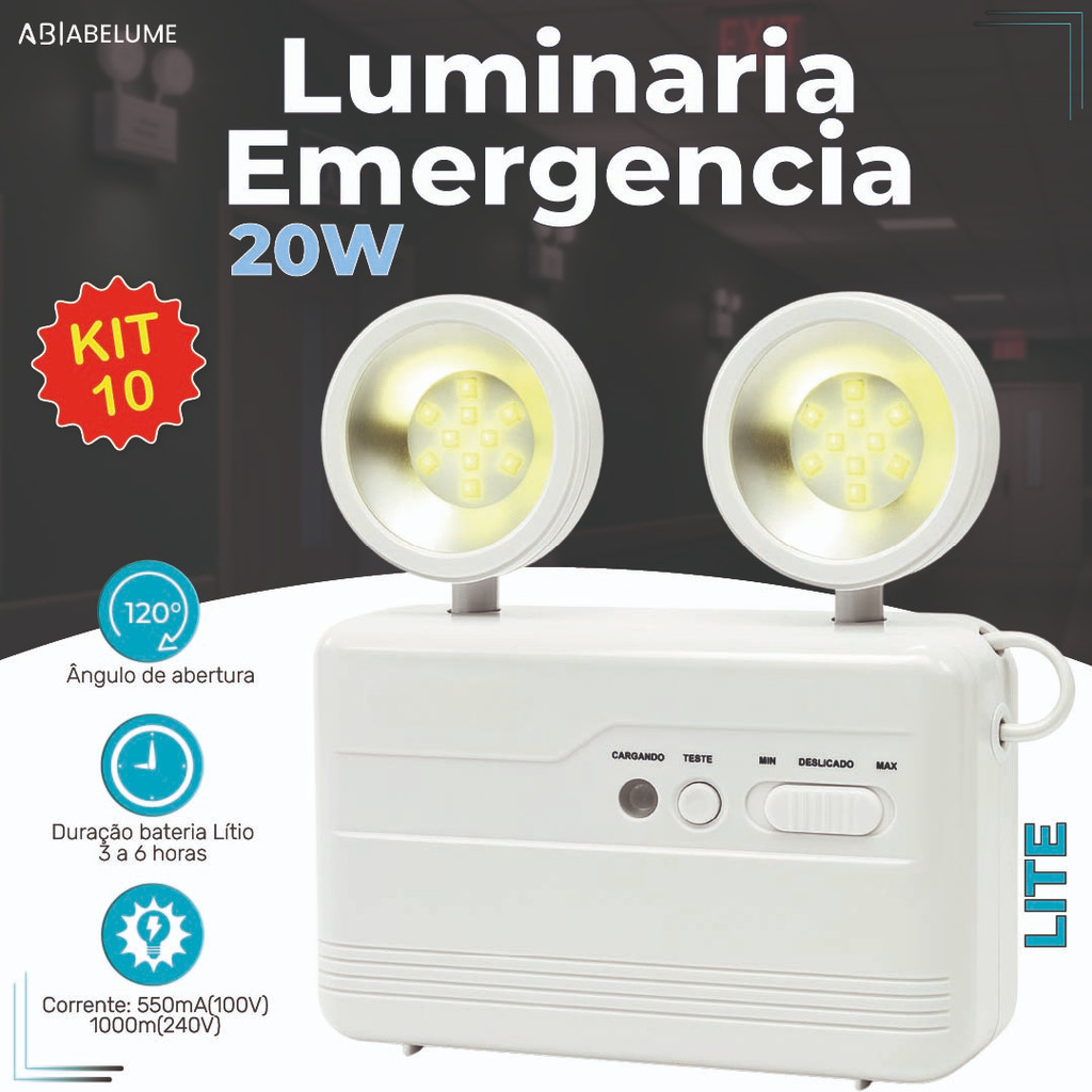 Kit 10 Luminária de Emergência Led 20W Luz Branco Frio com 2 Farol 40 LEDS Modelo Novo em Oferta na Shopee