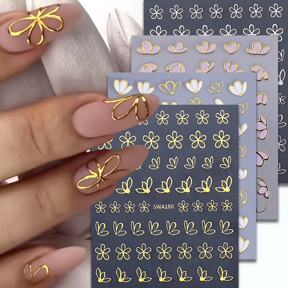 4pcs Adesivos De Unhas De Flores 3D | Ocas De 5 Pétalas Com Designs De 3 , Decalques Autoadesivos Para Primavera E Verão