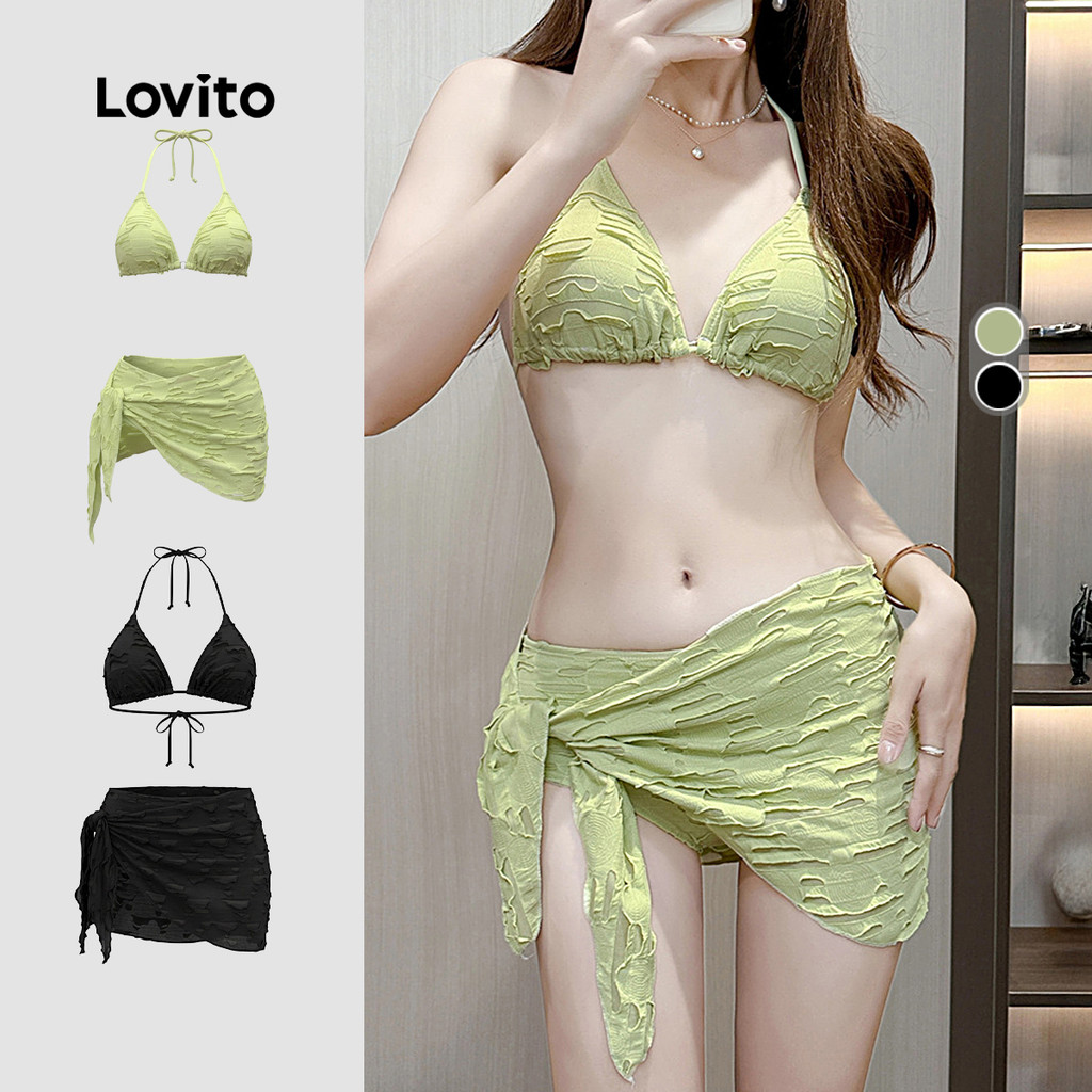 Lovito  Conjunto de Biquíni Casual 3 Padrões Pregas Verde Primavera/verão Biquíni Feminino LNE141014 em Oferta na Shopee