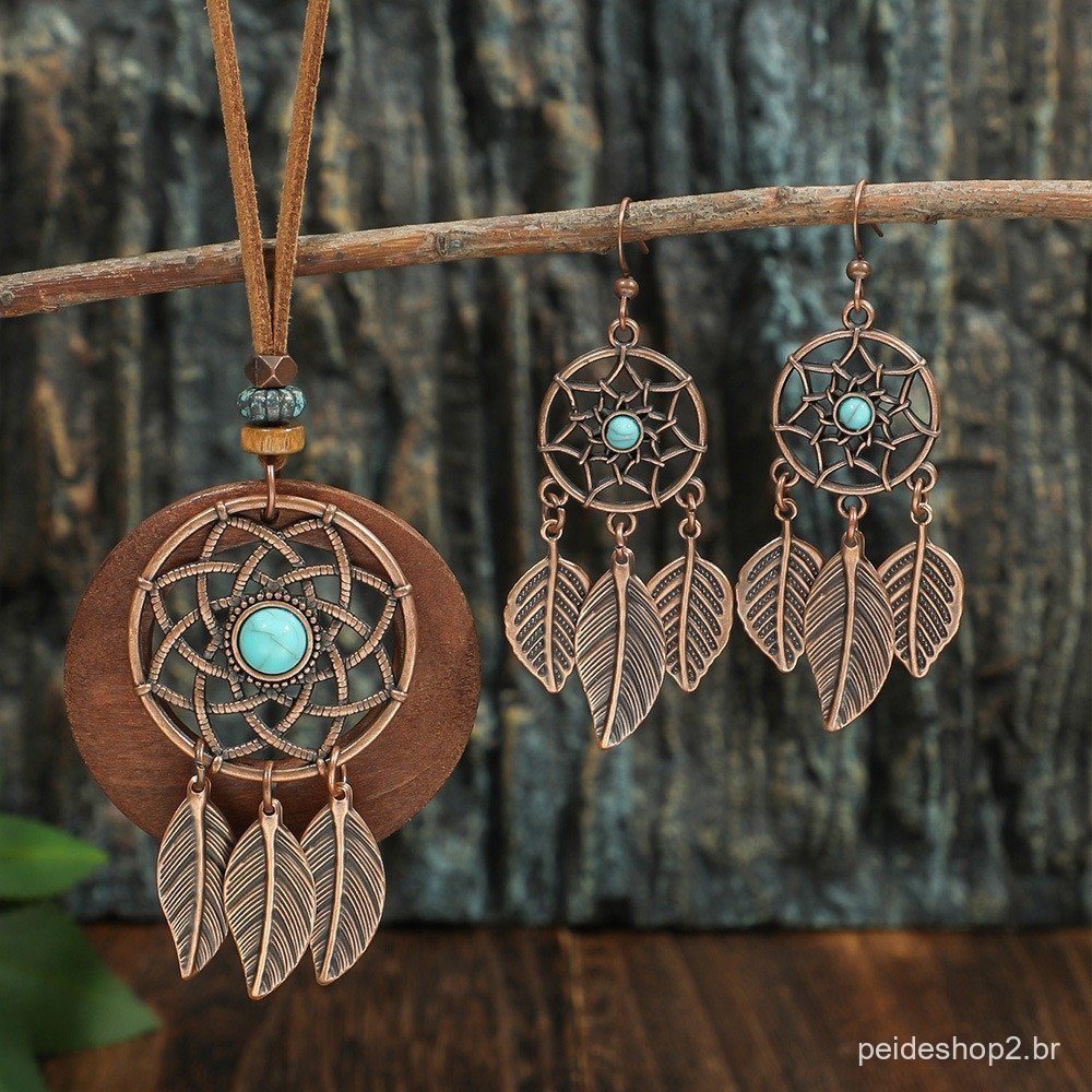 Novo Vintage Apanhador De Sonhos Pingente Conjunto De Jóias Moda Folhas Borla Contas Azuis Bohemia Feminino Oco Brincos