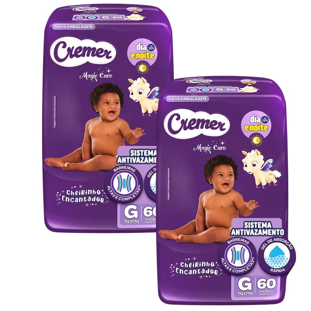 Kit 2 Fraldas Descartáveis Cremer Magic Care Hiper G 60 Tiras em Oferta na Shopee