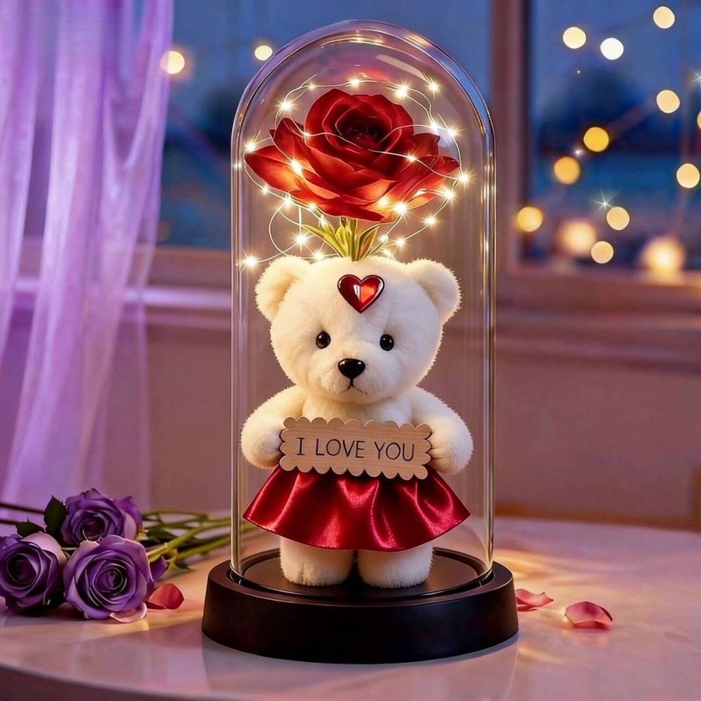 Rosa mágica com luz de LED - Flor decorativa eterna em cúpula de acrílico, presente de aniversário para namorada