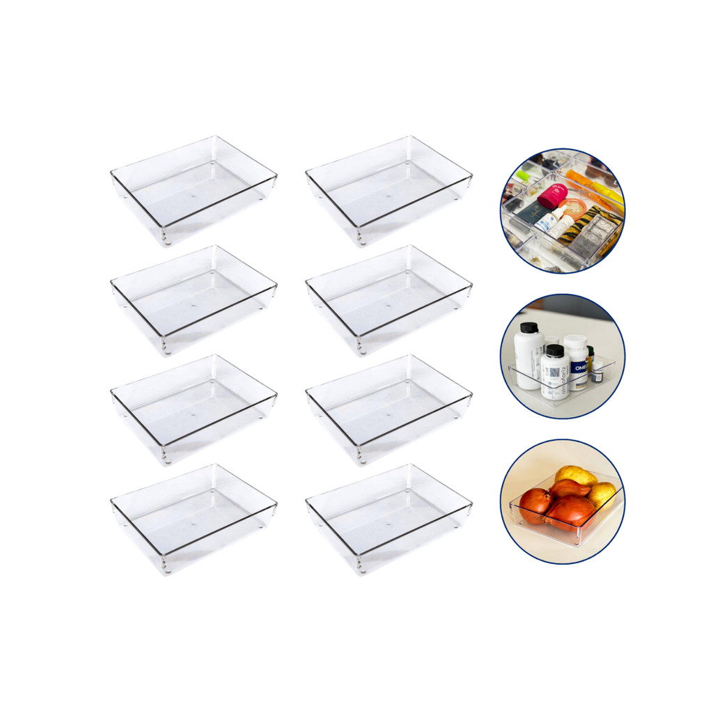 Kit 8 Organizador Grande Gavetas Multiuso Acrílico Transparente Empilhável 23x17x5,5Cm Cozinha Geladeira