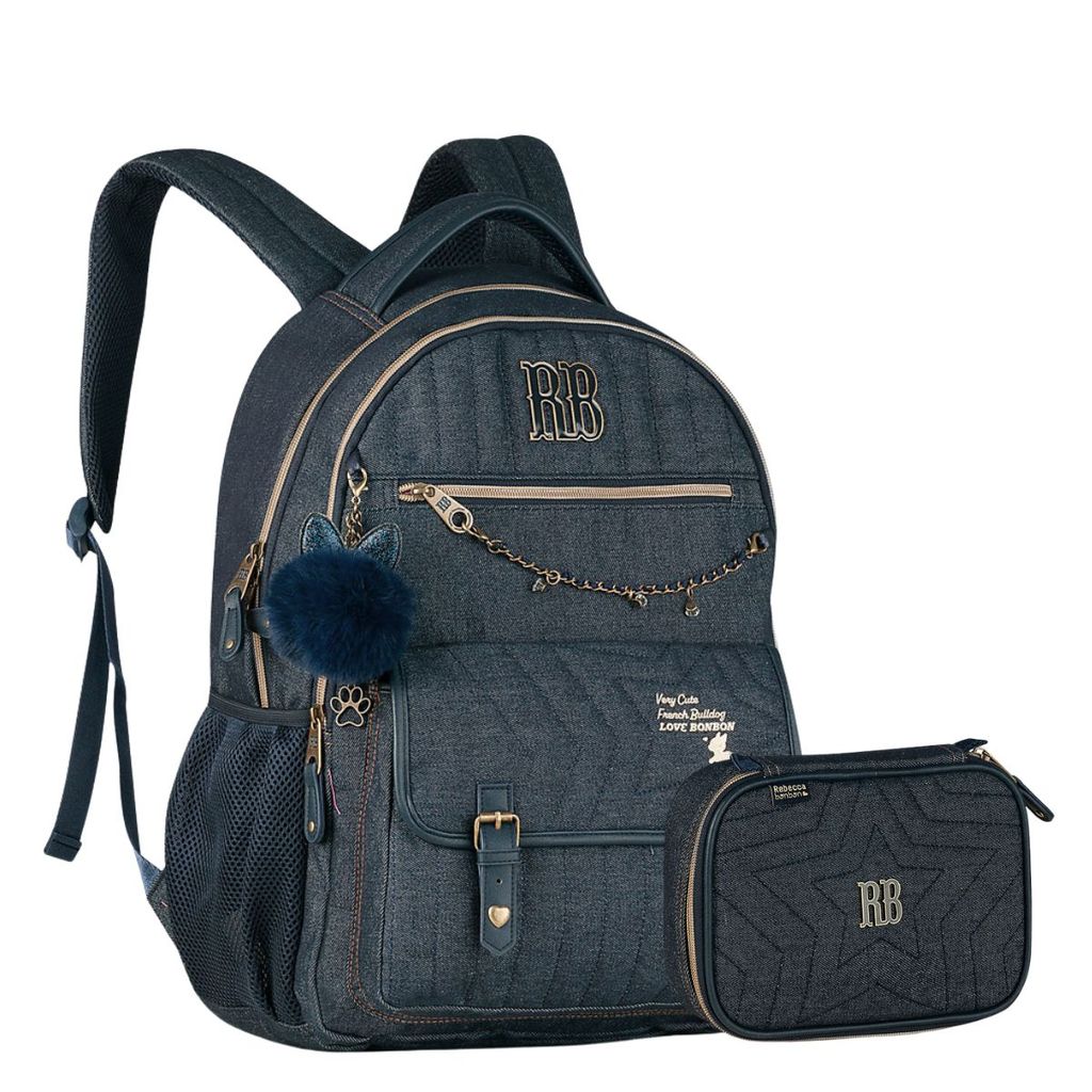 Kit Mochila Costas Rebecca Bonbon Jeans E Estojo Porta Lápis
