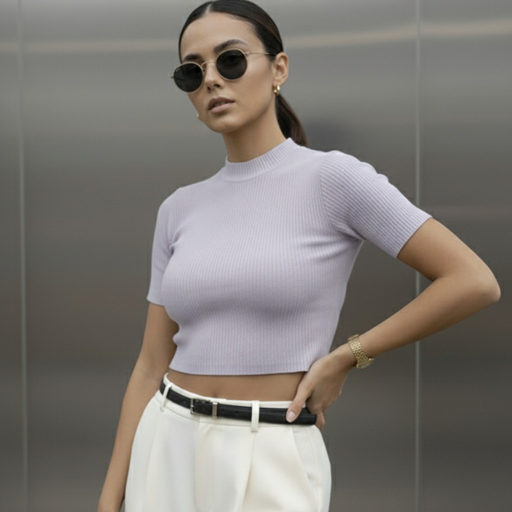 Blusa Cropped Gola Alta Feminina Canelada Manga Curta Ribana Básica Gola Media Social Confortável Verão Tendência Top