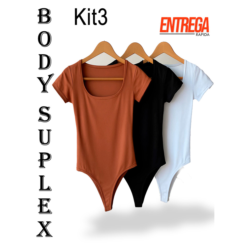 kit 3 Blusas Body Feminino Decote Quadrado Básico Manga Curta Liso Suplex Fecho em Baixo Tendência