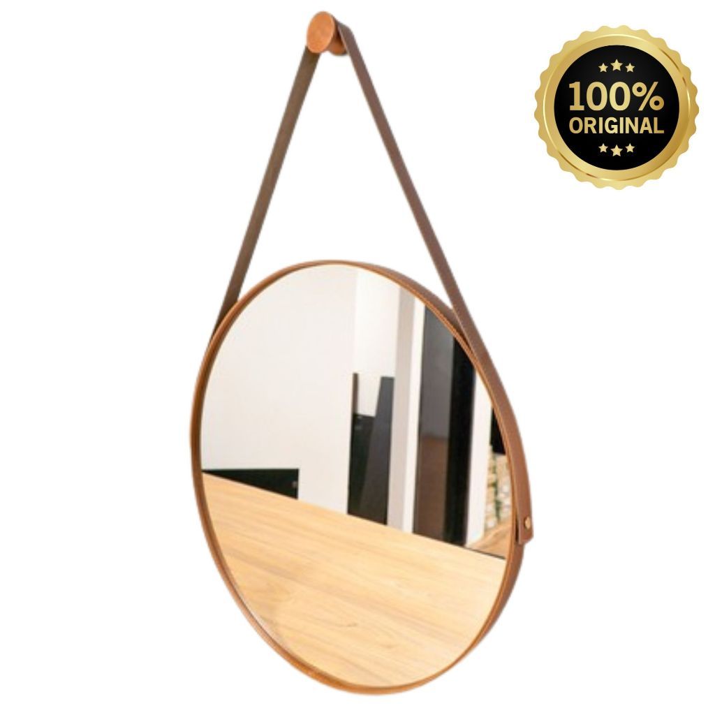 Espelho Adnet Couro Costurado Com Alça + Suporte 60cm x 60cm Luxuoso Sala Quarto Banheiro Redondo