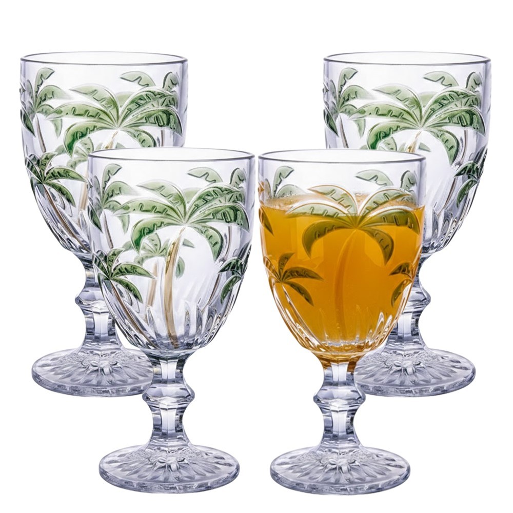 Jogo 4 Taça de Coqueiro Palm Tree Vidro Transparente com Desenho Palmeira Class Home 300ml