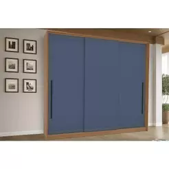 Guarda Roupa Casal 3 Portas de Correr e 4 Gavetas Valência Freijo/Azul - Politorno