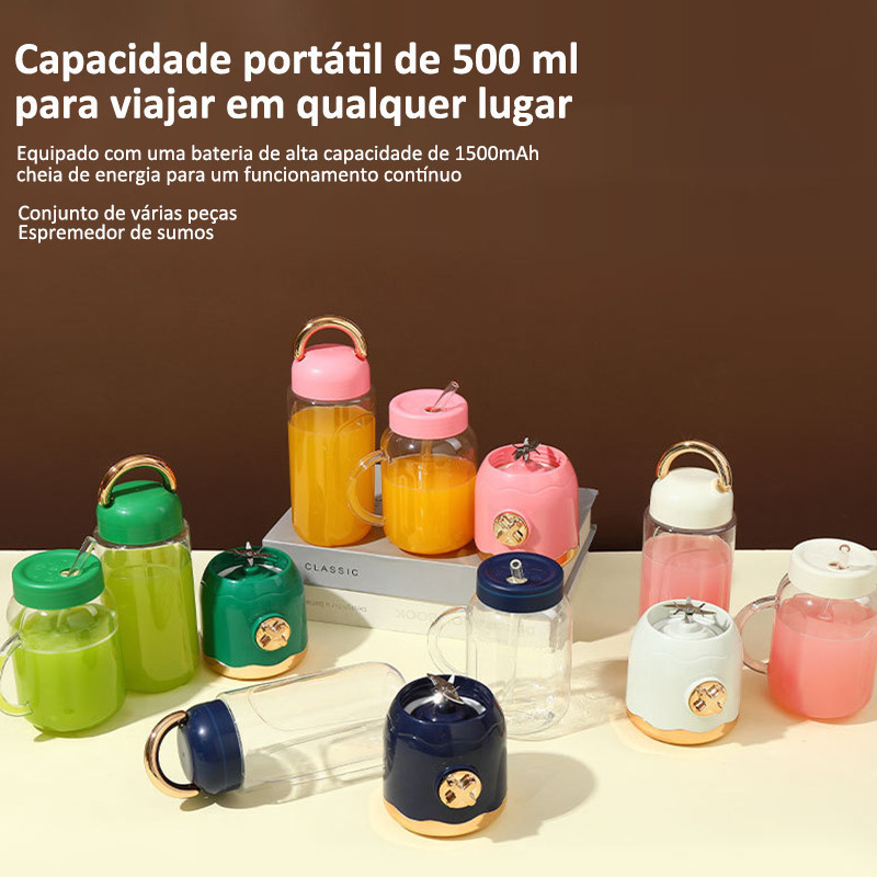 Mini Liquidificador Portátil USB Recarregável 10 Lâminas Copos 500ml e 450ml com Tampa e Canudo