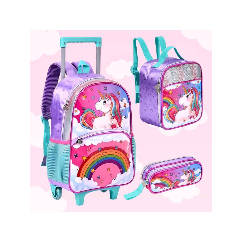 Kit De Mochila Escolar Clio Infantil Menina Rosa Unicornio Com Lanheira e Estojo
