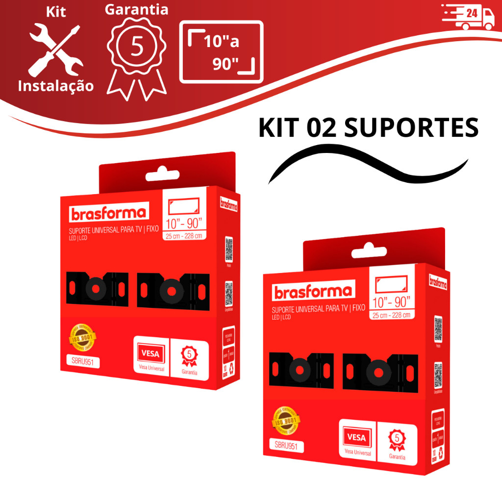 Kit 02 Suporte Tv Fixo Lcd Led 10 32 40 42 48 50 55 58 60 75 80 90 Polegadas Parede e Painel Suporte Universal