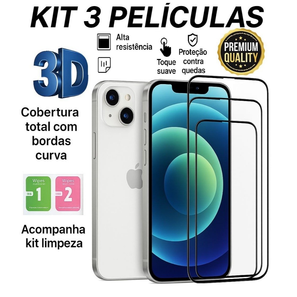 Pelicula De Vidro 3D Temperado Para IPhone 17 XS XR 11 12 13 14 15 16 Pro Max 16E 12 Mini