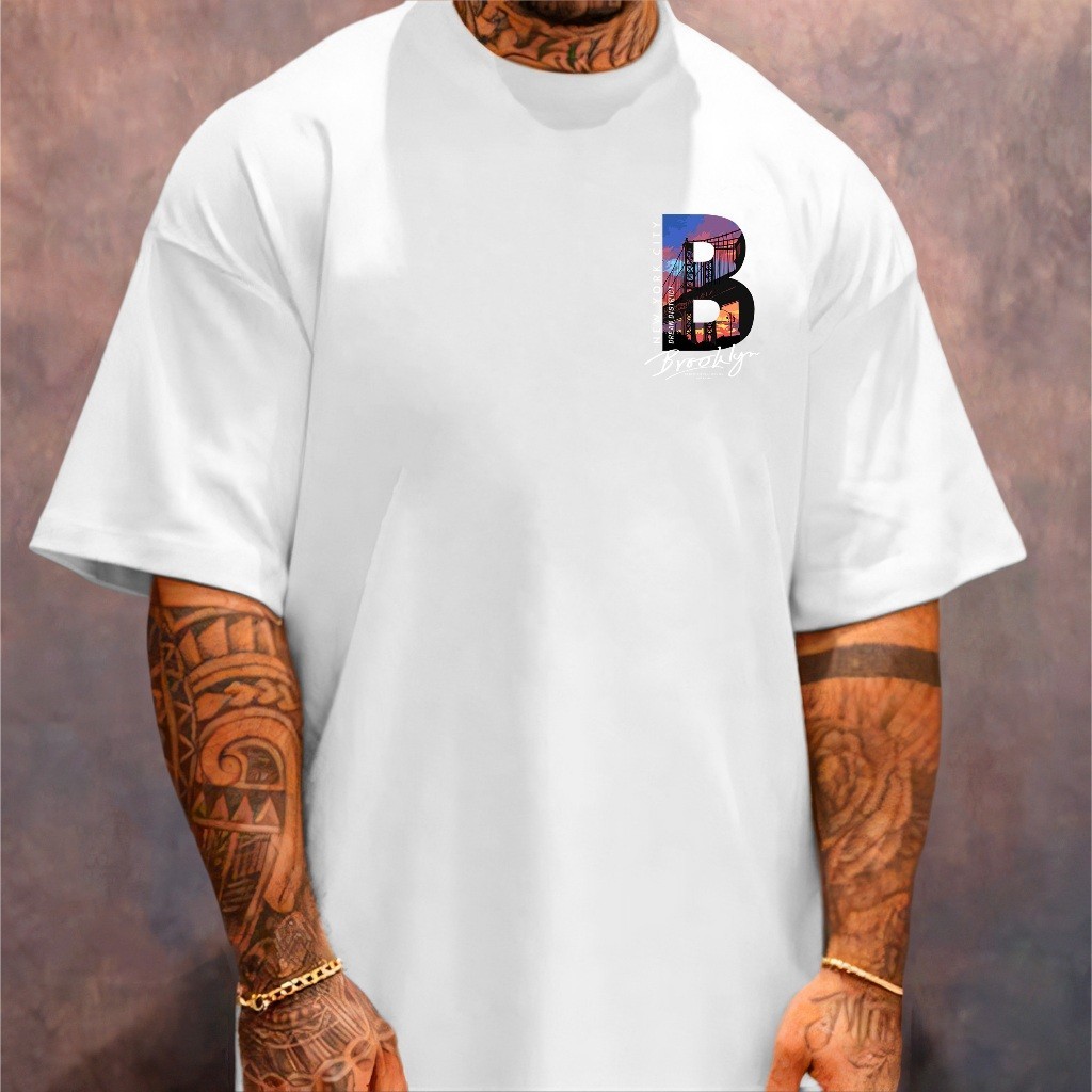 Camiseta Oversized Streetwear Masculina Estampada Brooklyn Tecido 100% Algodão Premium Lançamento