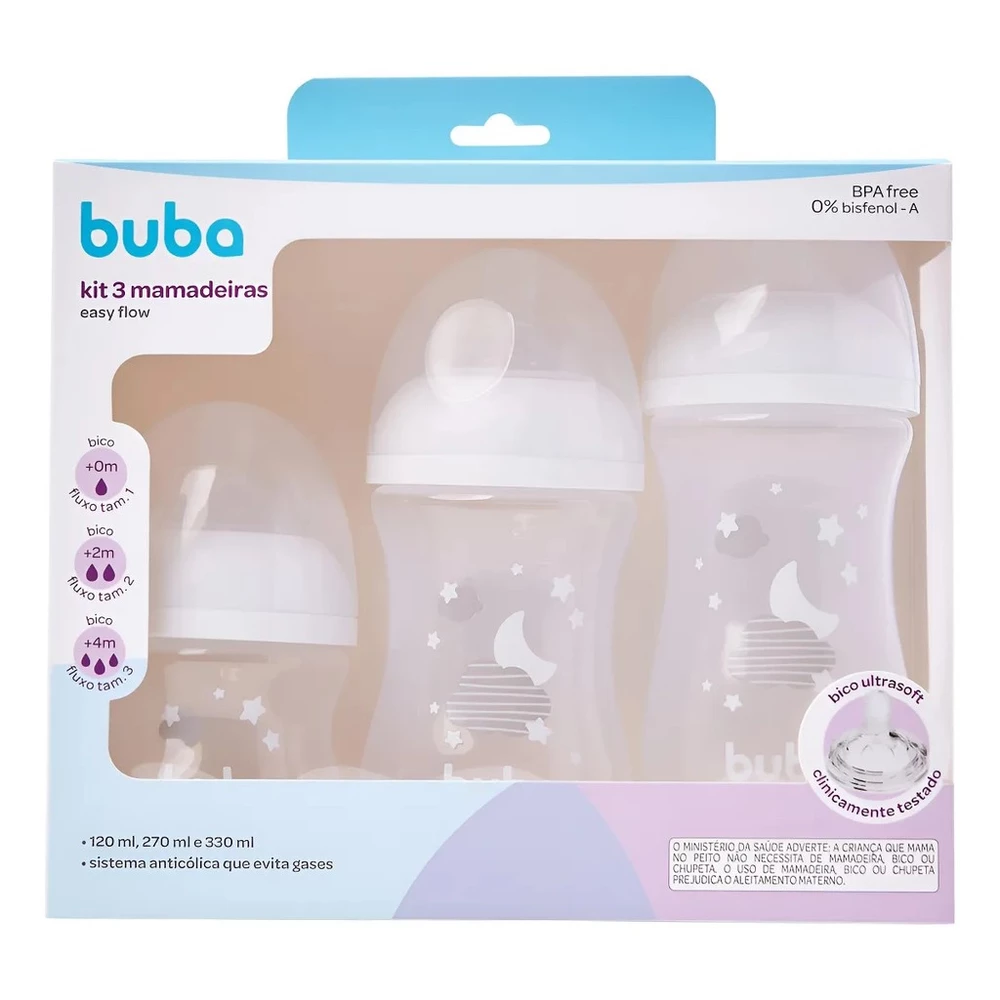 Buba Kit 3 Mamadeiras Anticólicas Easy Flow Nuvem Branca 120ml, 270ml e 330ml