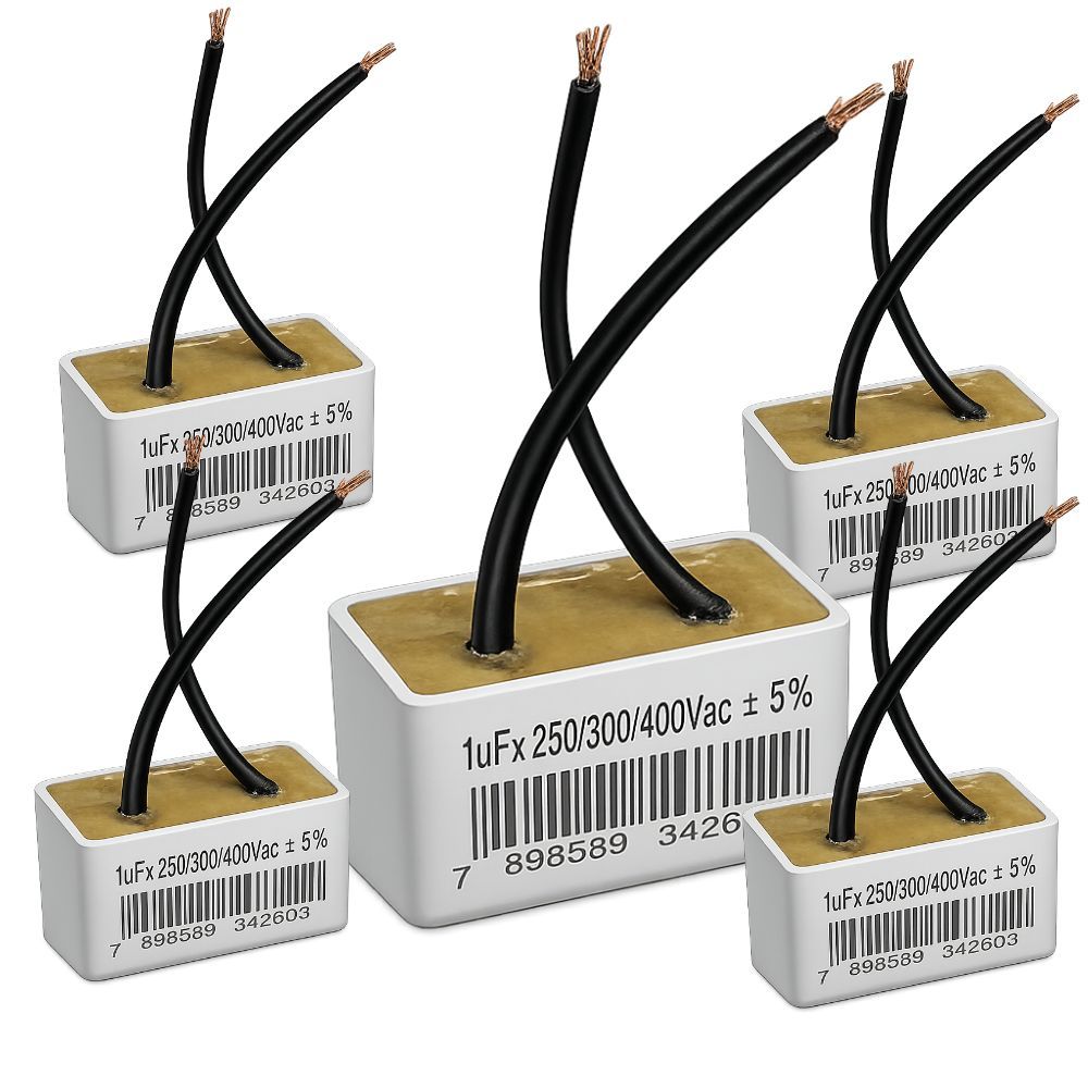 KIT 5 CAPACITOR PERMANENTE 1uF 250/300/400V 2 FIOS QUADRADO METALIZADO