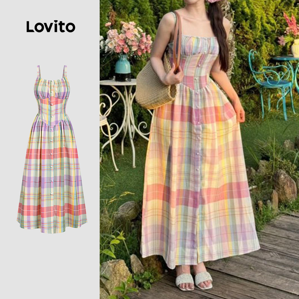 Lovito Vestido Casual Botão Frontal Preguiçoso Francês Retro Festa Primavera/verão Para Mulheres L171ED1029 em Oferta na Shopee