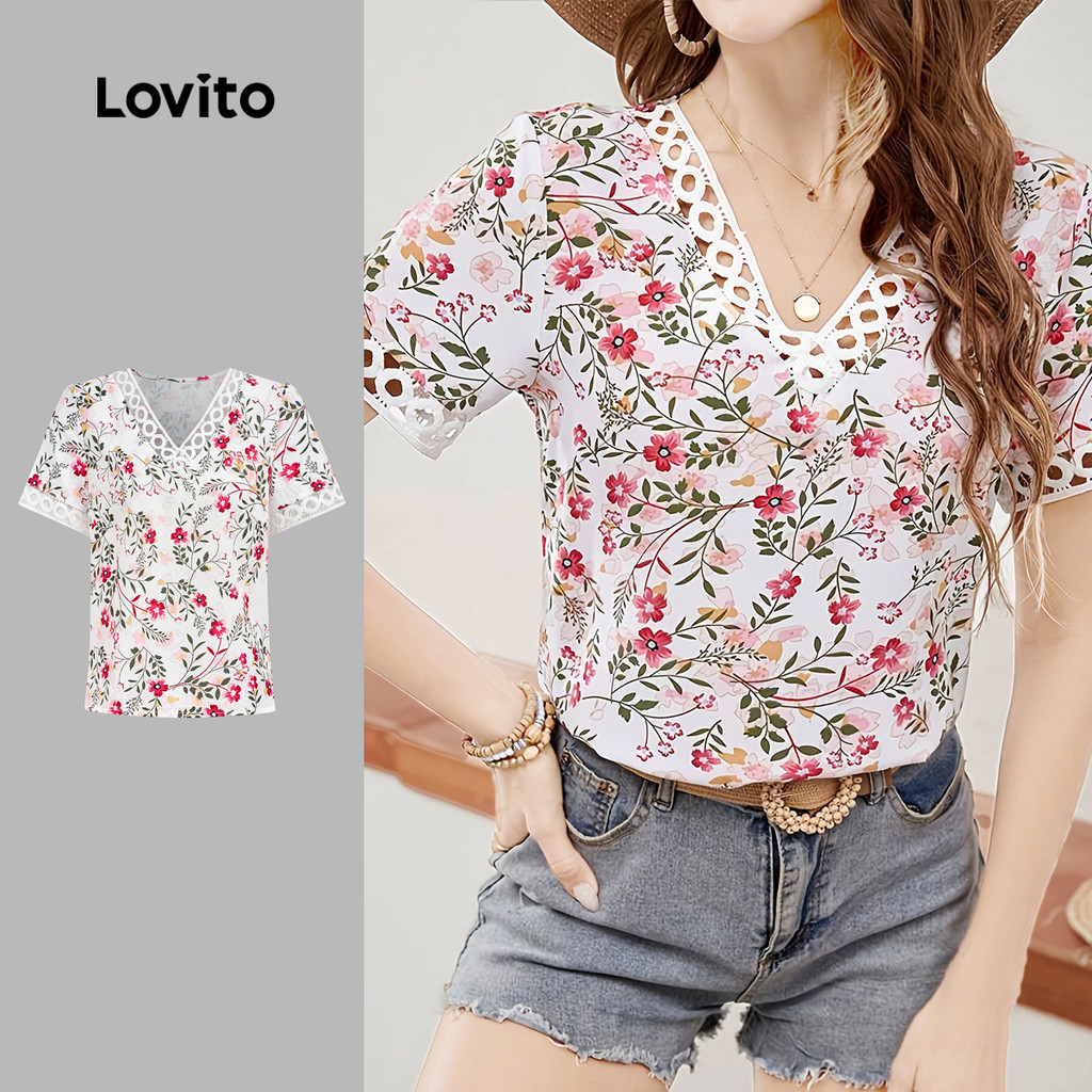 Lovito Blusa Boho Babado Pescoço Colarinho Contraste Primavera/verão Blusa para Mulheres L164ED297 em Oferta na Shopee