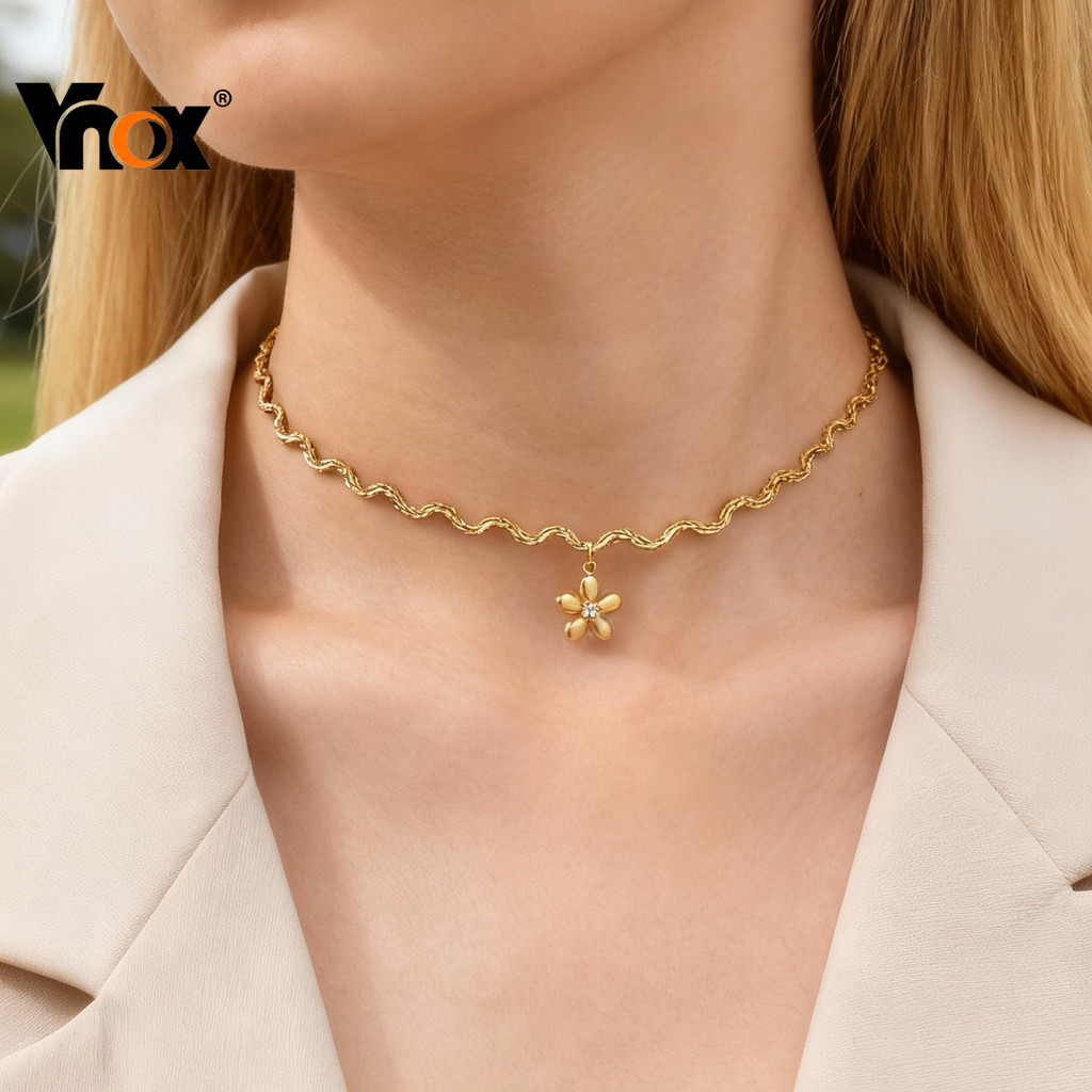 Vnox Delicado Gargantilha De Ouro Onda Colar Para Mulheres , Flor Banhada A Gota De Água Link Clavícula Colares