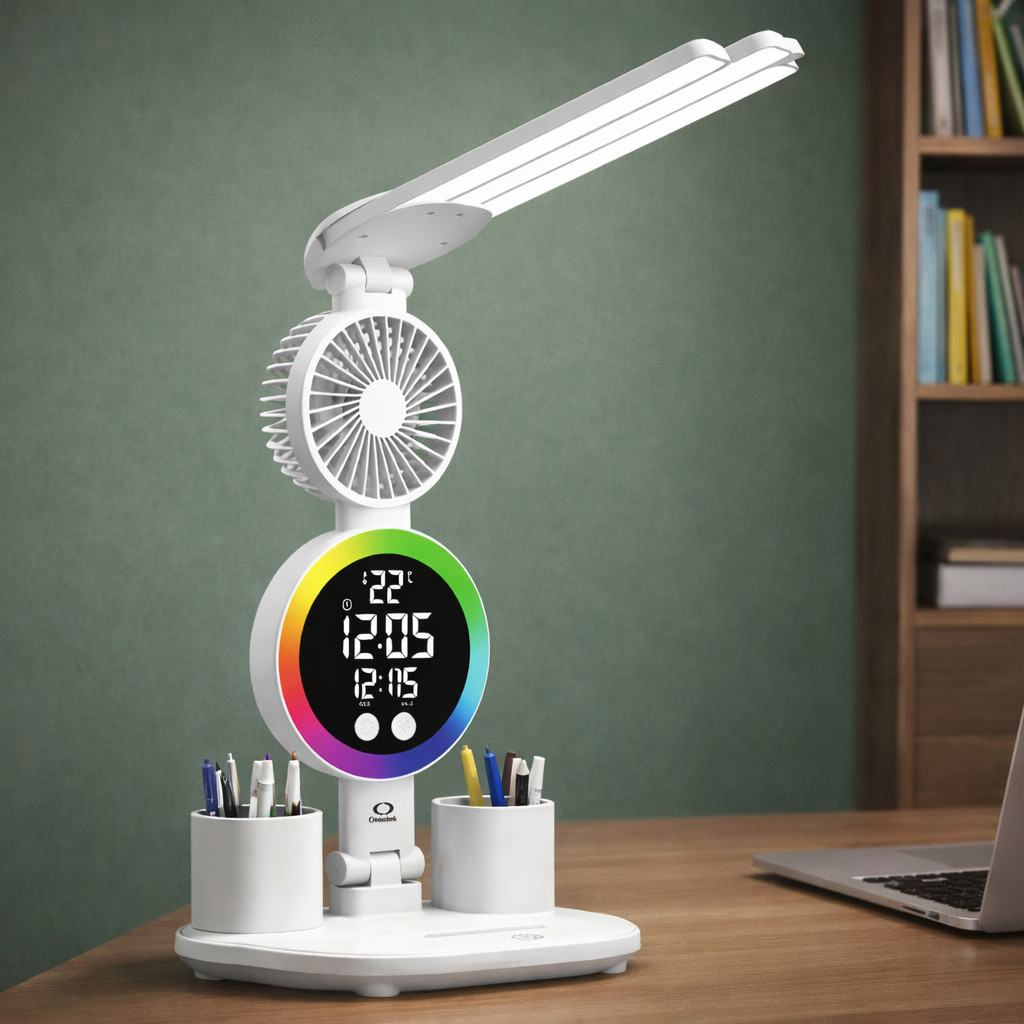 Luminária de Mesa Touch com Ventilador Display Digital USB 3 Modos de Luz Relógio Alarme ON-LM312